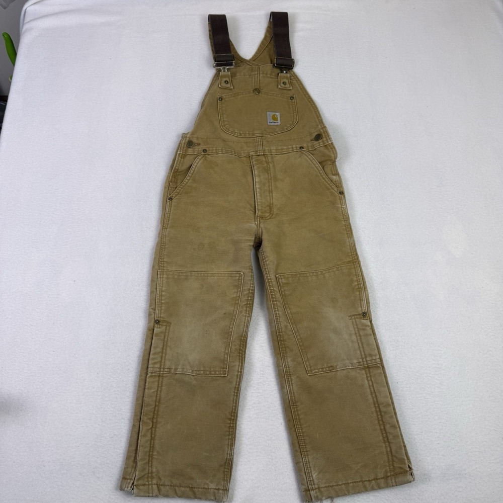 VTG Carhartt Bib Overalls Youth M Brown Quilt Lined Double Knee Utility YYR02